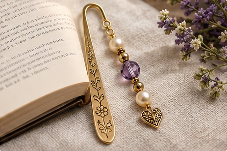 Gold bookmark with purple and cream beads resting in a book