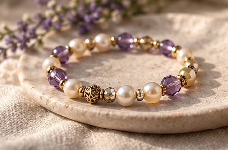 Purple and cream beaded bracelet on a stone display